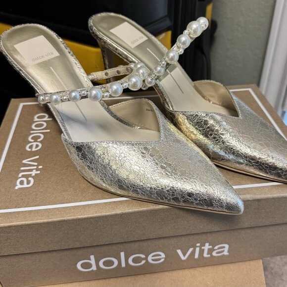 Dolce Vita Kanika Vintage Gold Pearl Strap Heels - Picture 1 of 7